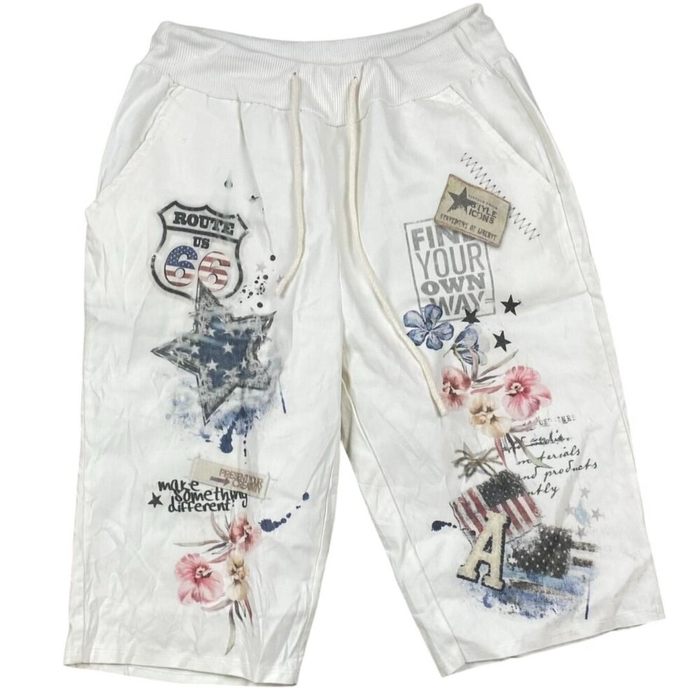 Capri Pants 30x22 Large Women's With Graphic Print & Elastic Waistband